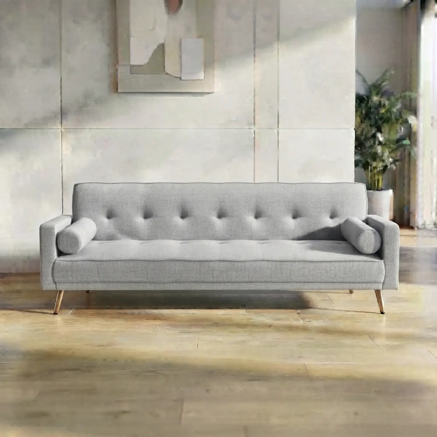 Sofá Cama de Lino 3 Cuerpos con Patas de Madera 6