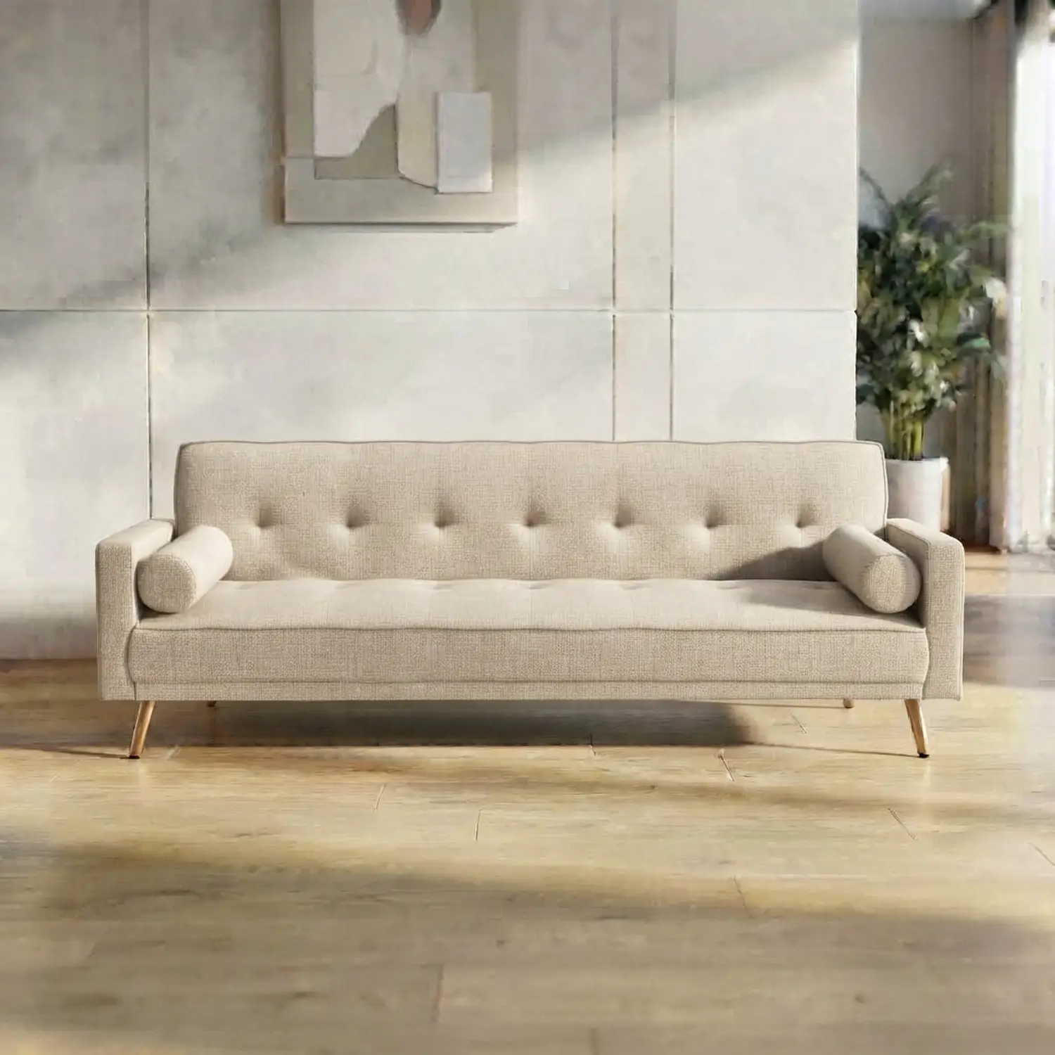 Sofá Cama de Lino 3 Cuerpos con Patas de Madera 9