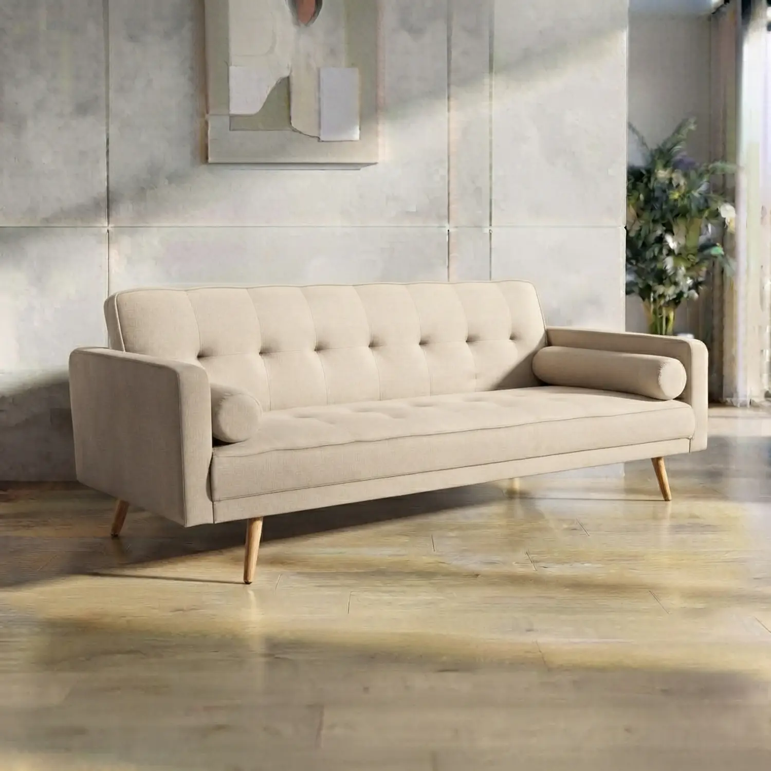 Sofá Cama de Lino 3 Cuerpos con Patas de Madera 8