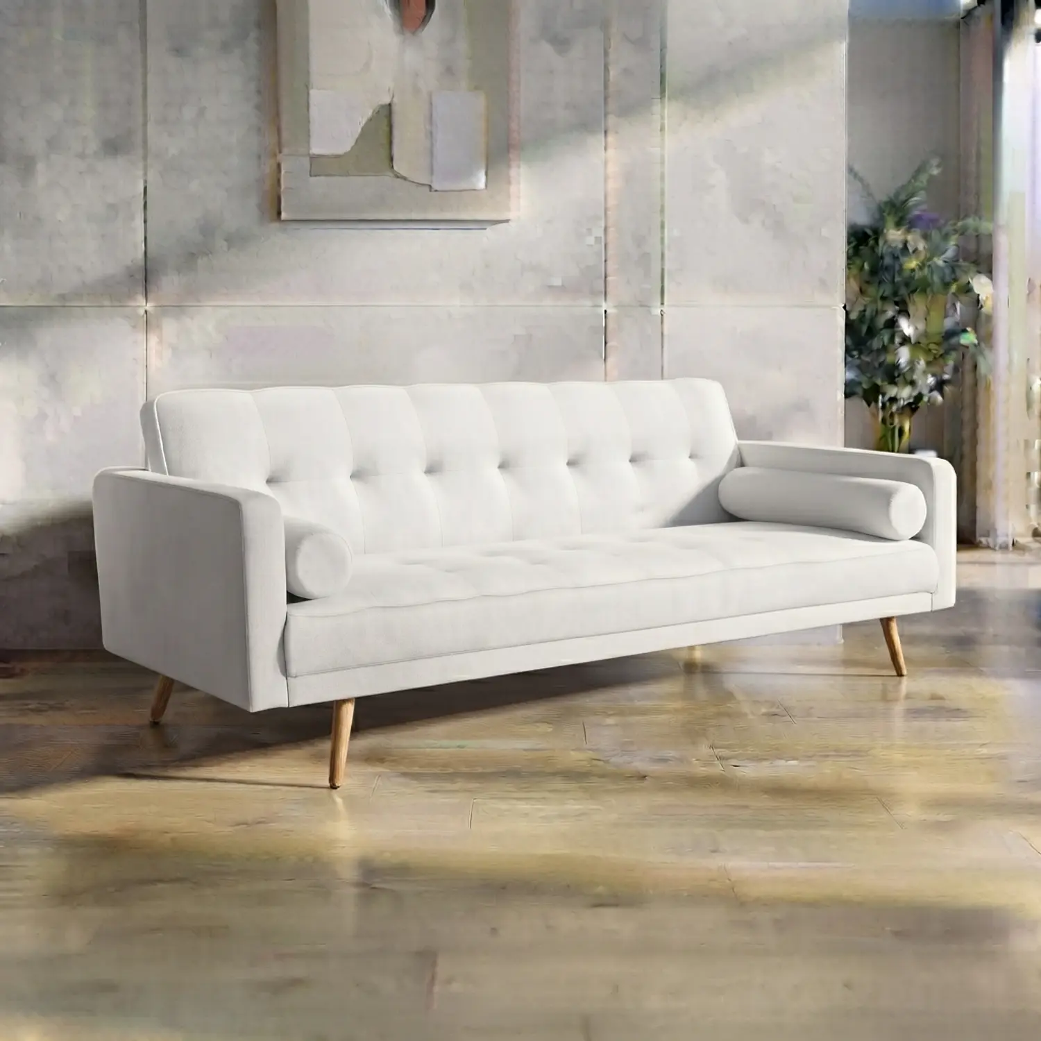 Sofá Cama de Lino 3 Cuerpos con Patas de Madera 11