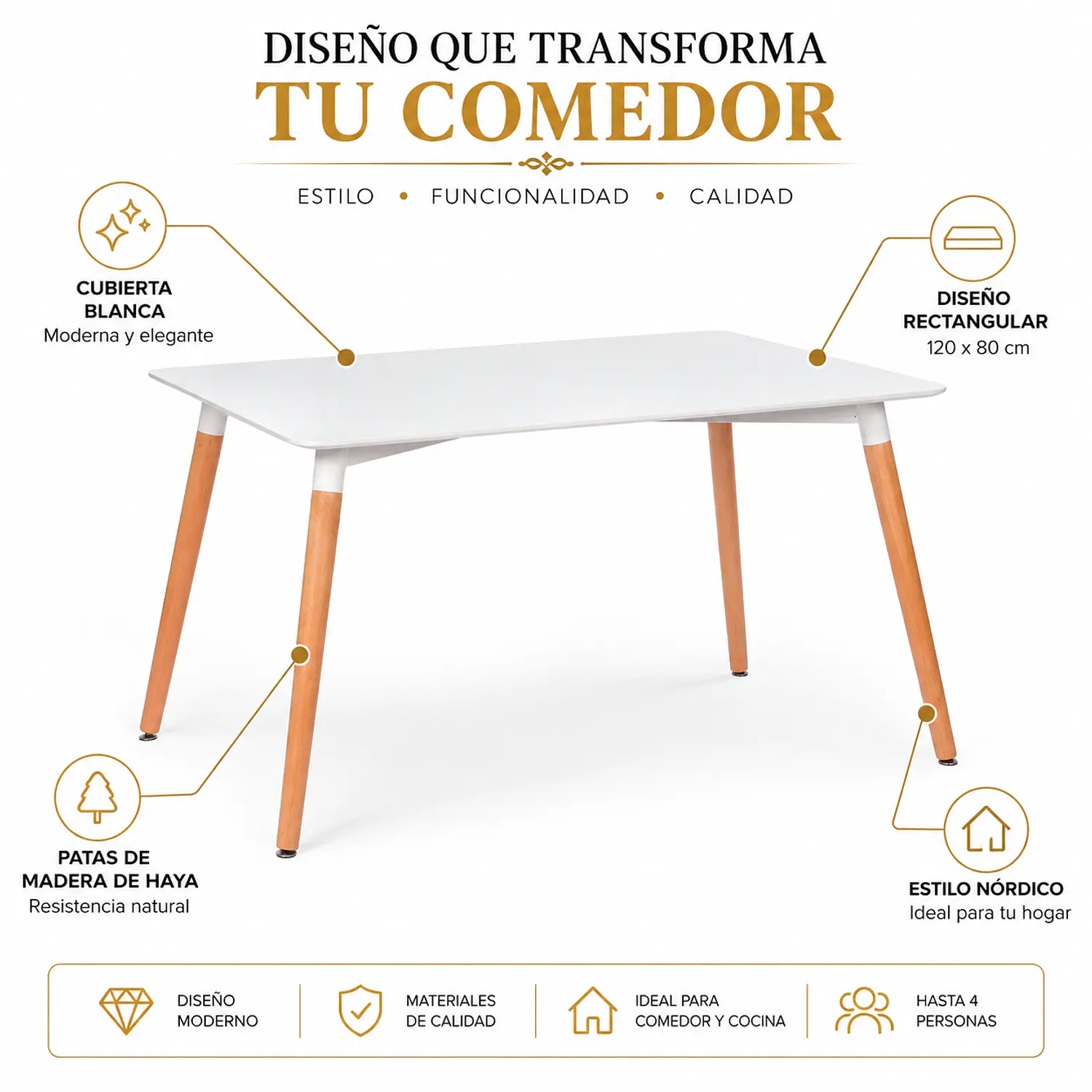 Mesa de Comedor Eame Blanca 120x80 con Patas de Madera de Haya 2