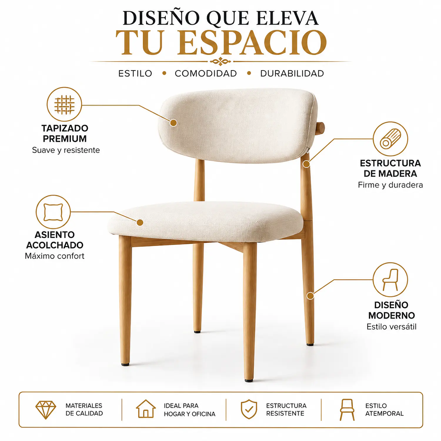 Silla Wood de Comedor Beige en Lino con Patas Símil Madera 7
