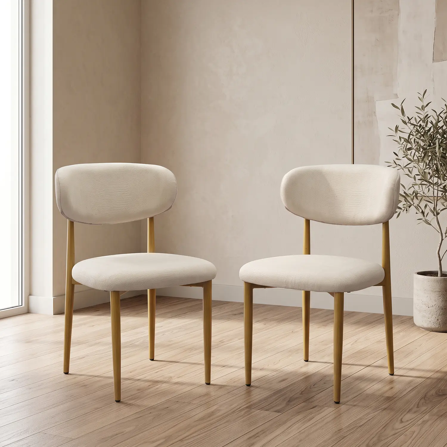 Set de 2 Silla Wood de Comedor Beige en Lino con Patas Símil Madera 1