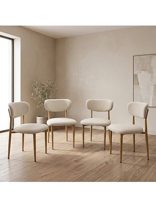 Set de 4 Silla Wood de Comedor Beige en Lino con Patas Símil Madera
