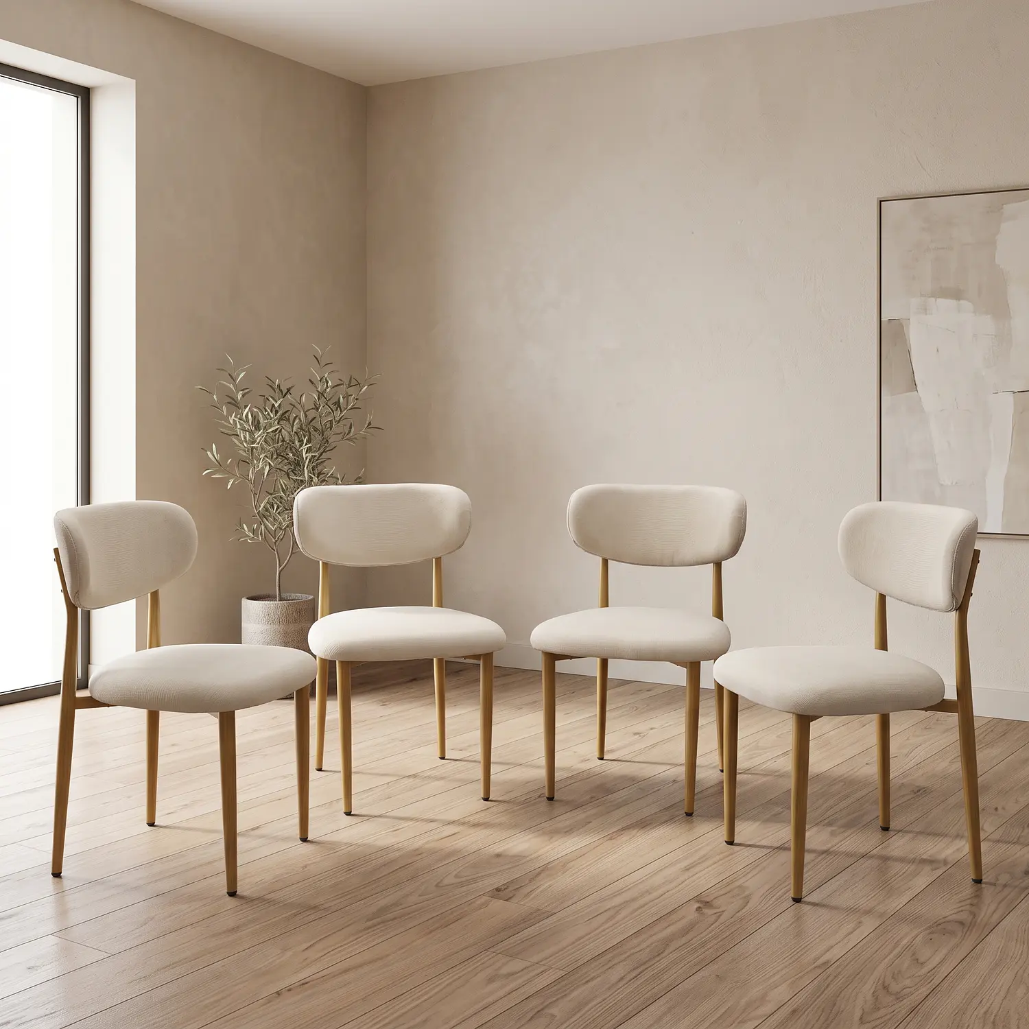 Set de 4 Silla Wood de Comedor Beige en Lino con Patas Símil Madera 1