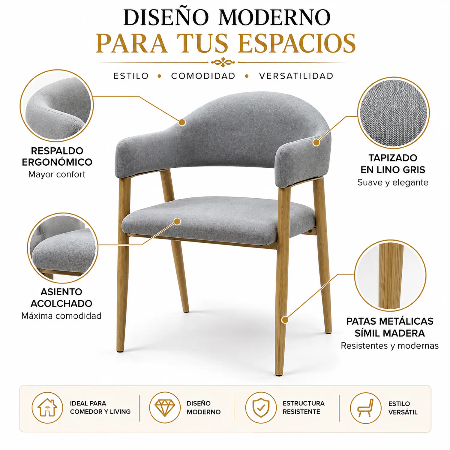 Set de 2 Sitiales Siena Lino Gris de Comedor Moderno 2