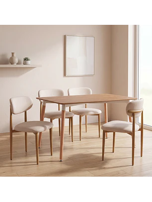 Juego de Comedor Mesa de Madera Eames y 4 Sillas Wood Beige en Lino