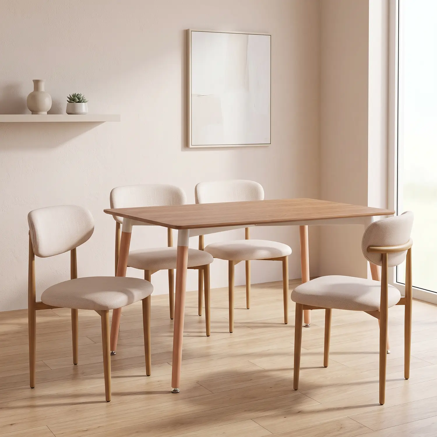 Juego de Comedor Mesa de Madera Eames y 4 Sillas Wood Beige en Lino 1