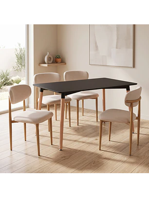 Juego de Comedor Mesa Eames Negra y 4 Sillas Wood Beige en Lino