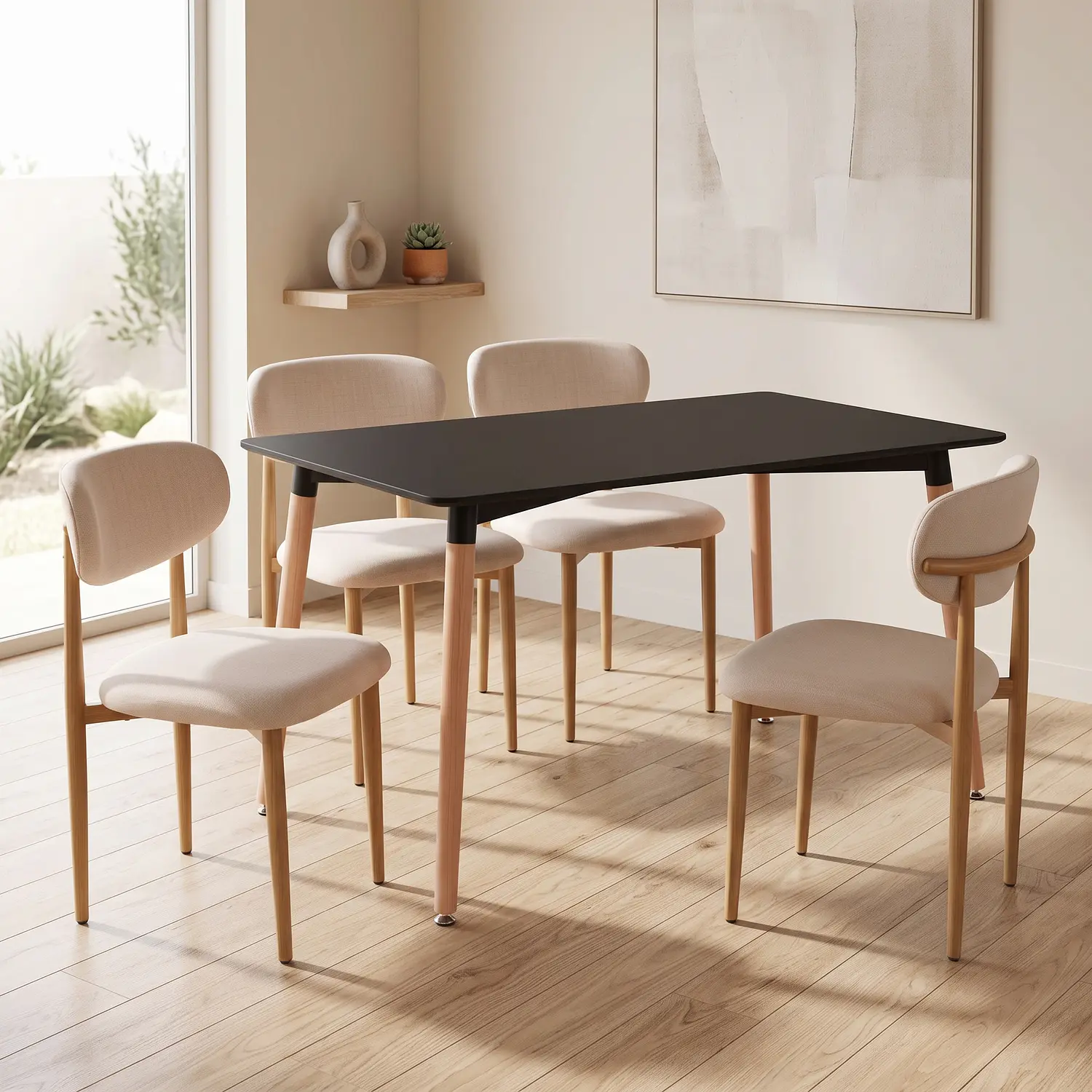 Juego de Comedor Mesa Eames Negra y 4 Sillas Wood Beige en Lino 1