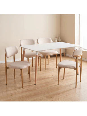 Juego de Comedor Mesa Eames Blanca y 4 Sillas Wood Beige en Lino
