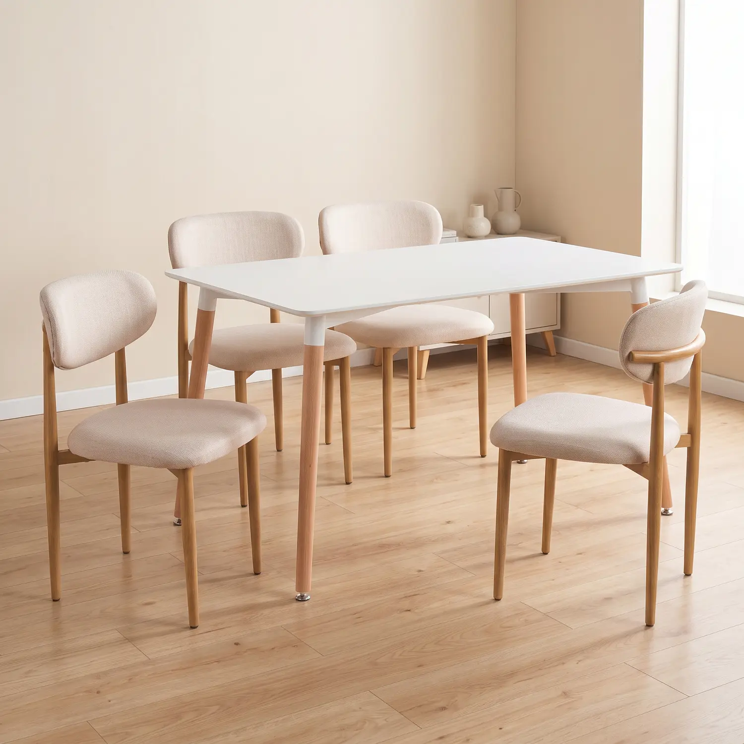 Juego de Comedor Mesa Eames Blanca y 4 Sillas Wood Beige en Lino 1