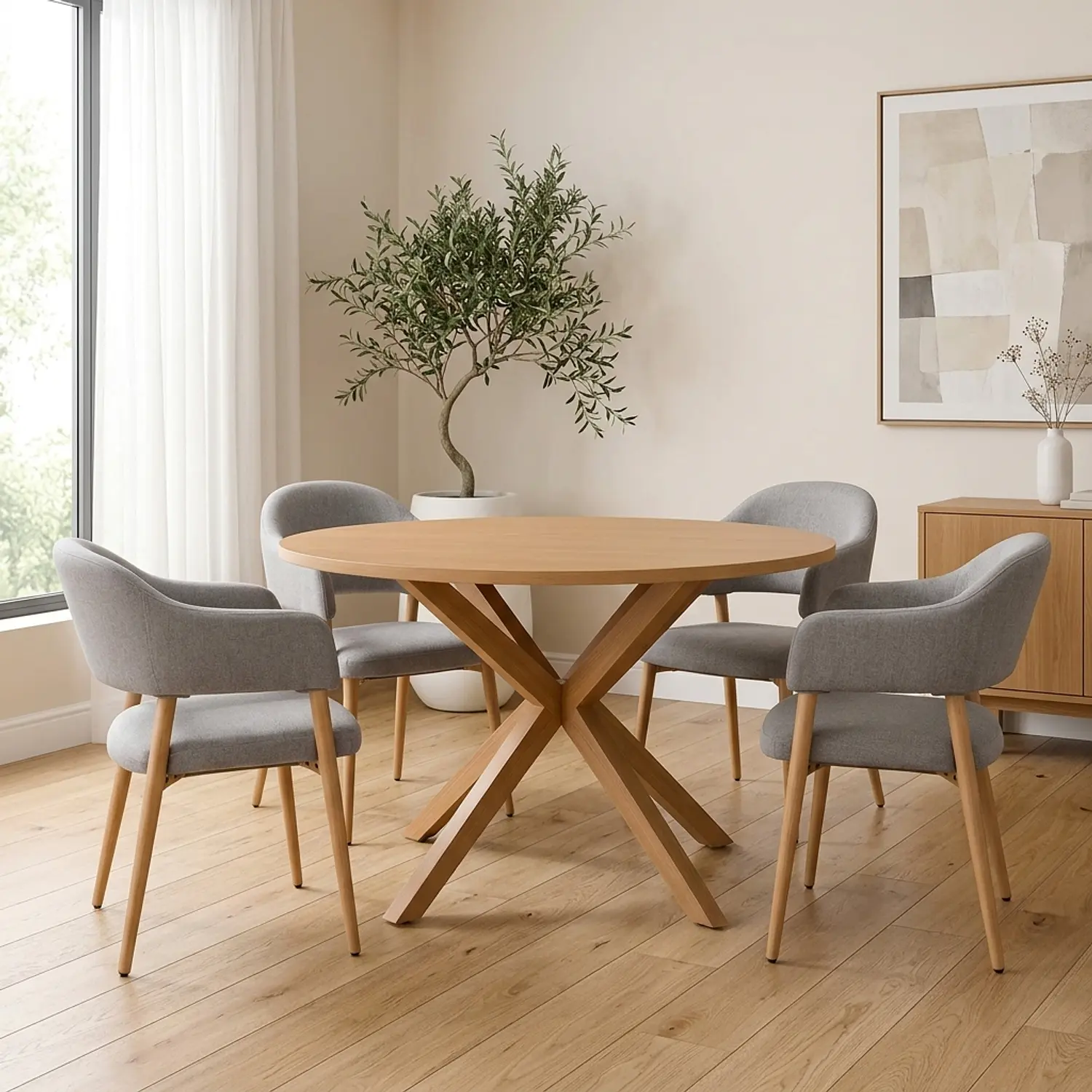Juego de Comedor de Mesa Warwick Redonda y 4 Sitial Siena Lino Gris 1