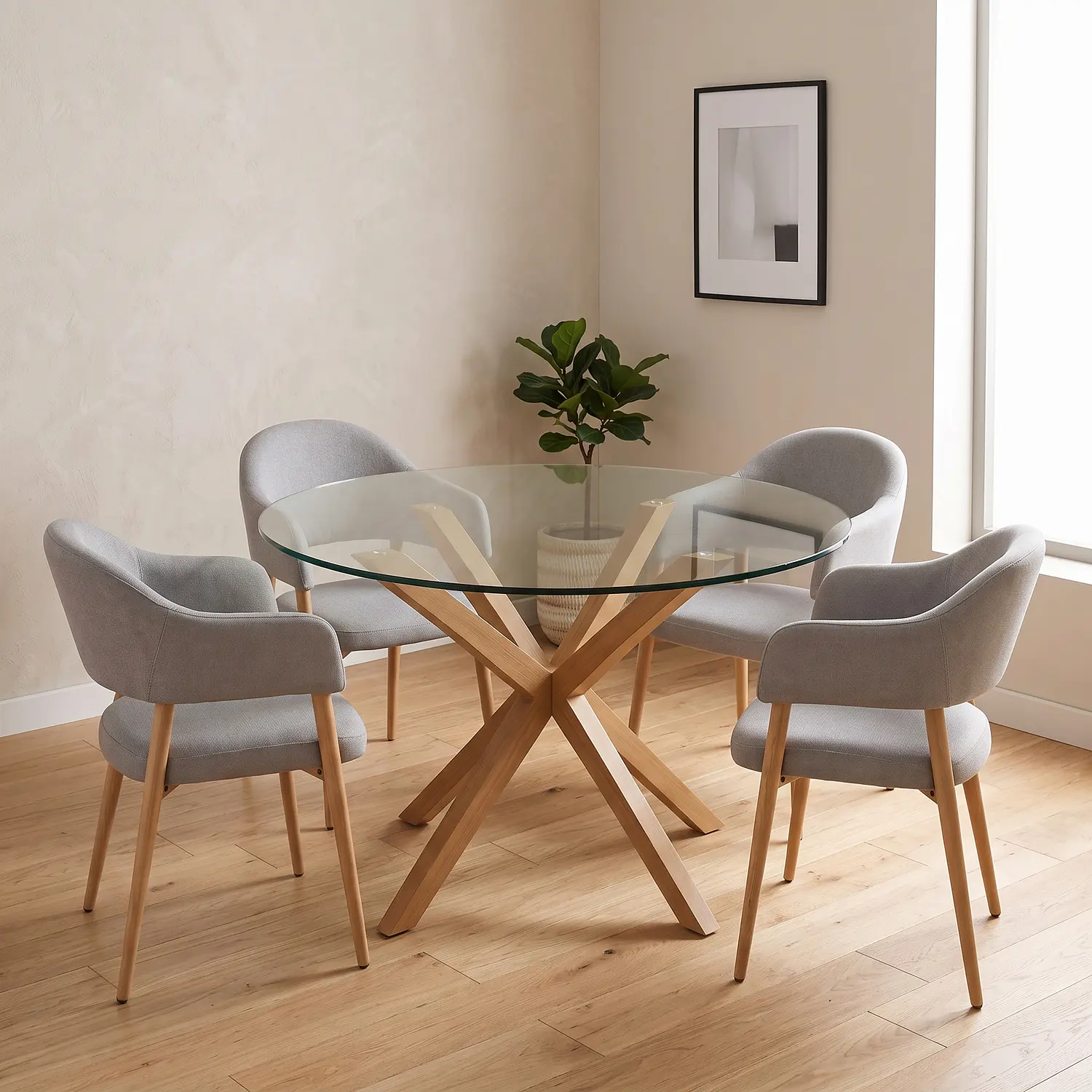 Juego de comedo de Mesa Warwick Redonda Vidrio y 4 Sitial Siena Lino Gris  1