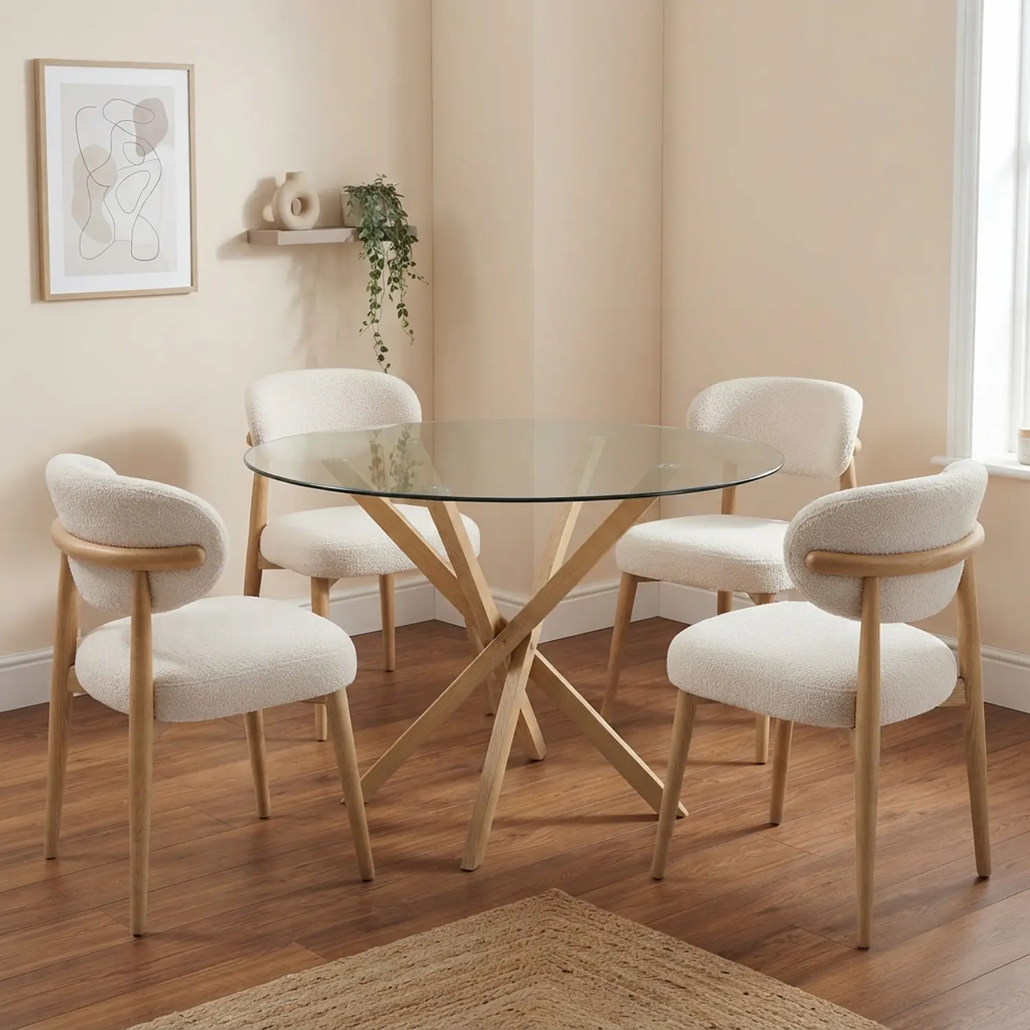 Juego de Comedor de Mesa Dubai Redond Vidrio con 4 Silla Lino Beige Wood 1