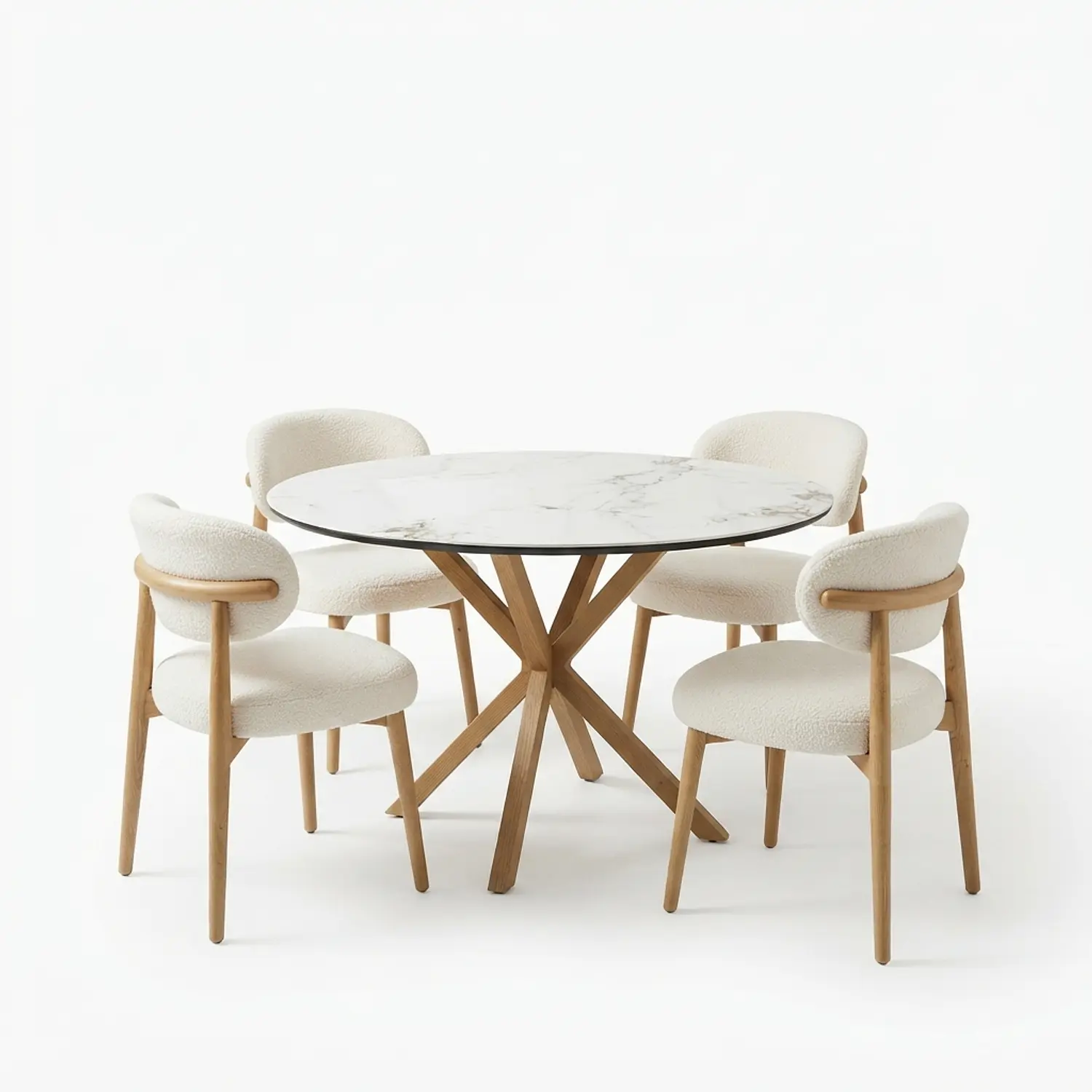 Juego de Comedor de Mesa Madrid Stone Redonda y 4 Silla Lino Beige Wood 2