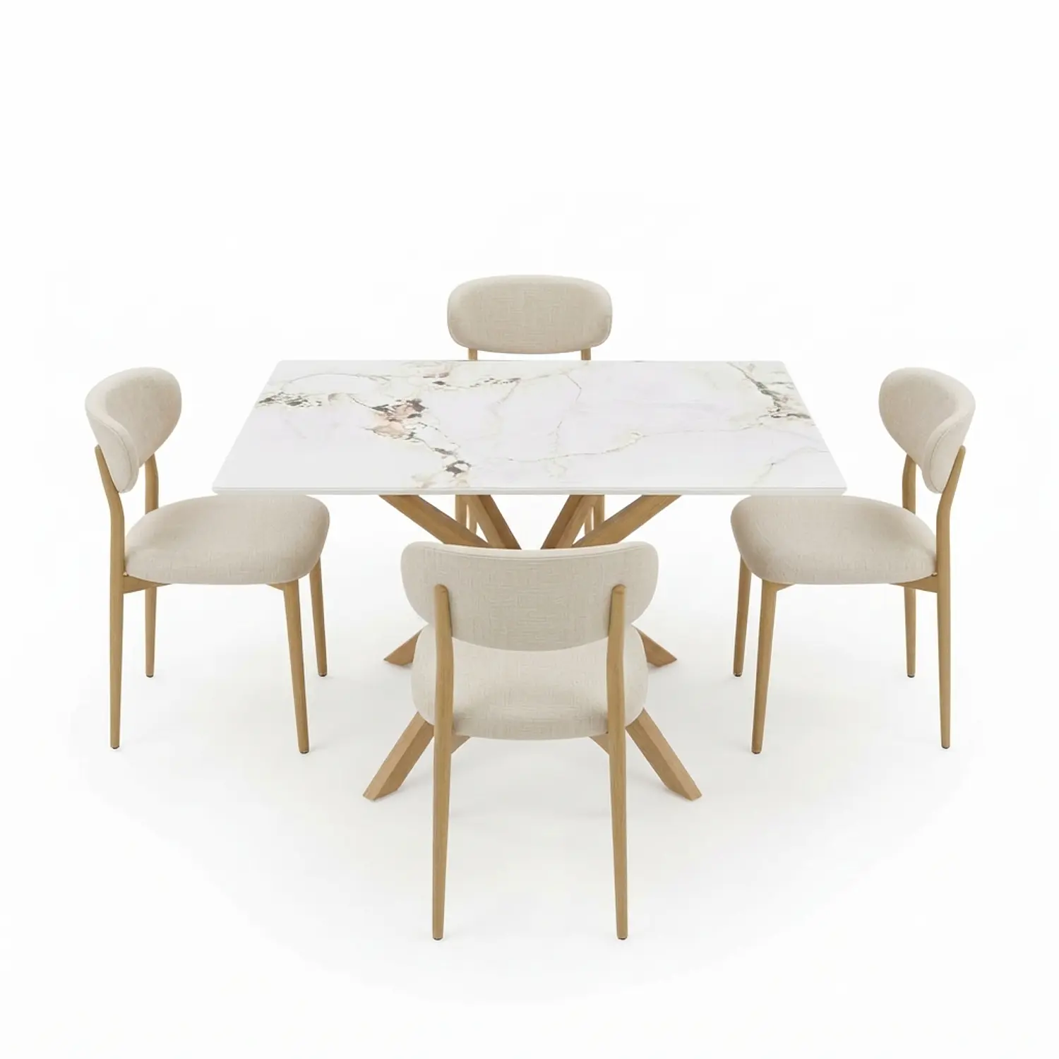 Juego de Comedor de Mesa Madrid Stone Rectangular y 4 Silla Lino Beige Wood 2