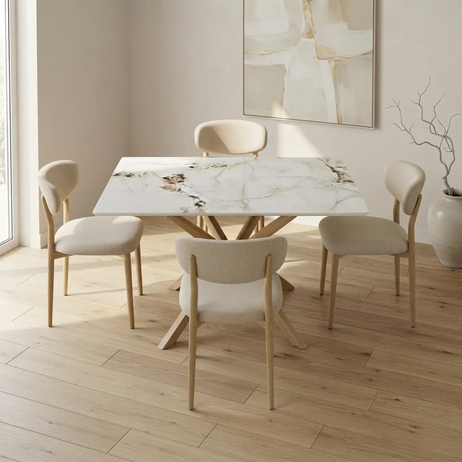 Juego de Comedor de Mesa Madrid Stone Rectangular y 4 Silla Lino Beige Wood 1