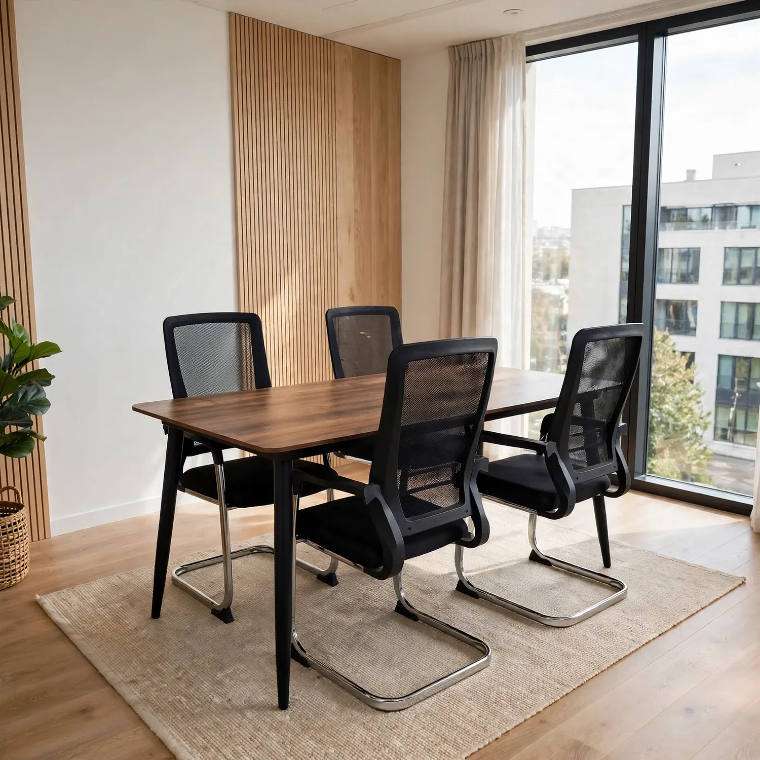 Mesa Rectangular con Acabado Roble Más 4 Sillas de Oficina 1