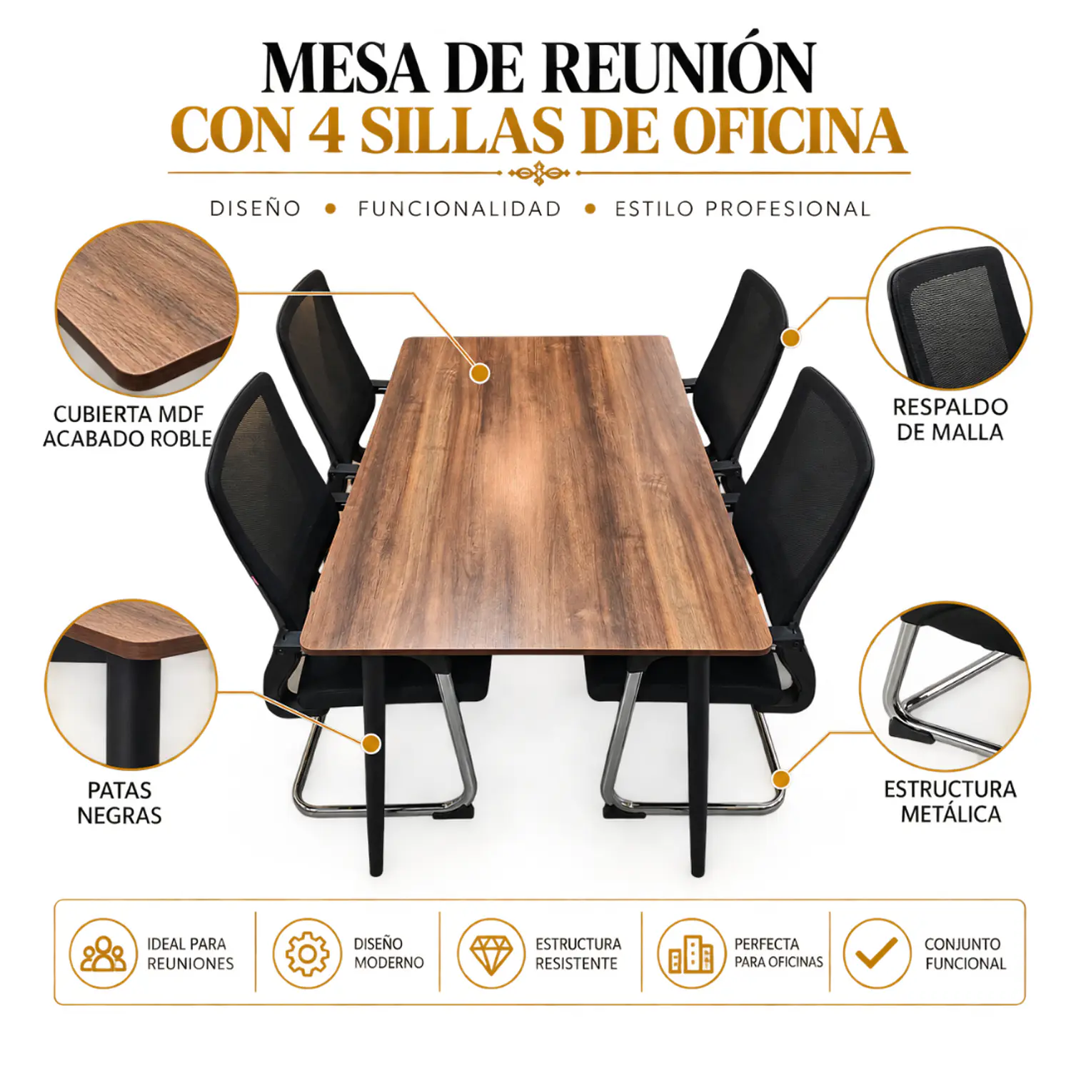 Mesa Rectangular con Acabado Roble Más 4 Sillas de Oficina 2