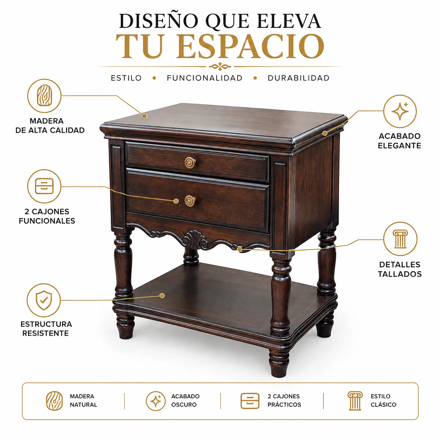 Velador de Madera Oscura 2 Cajones Tallado Clásico 3