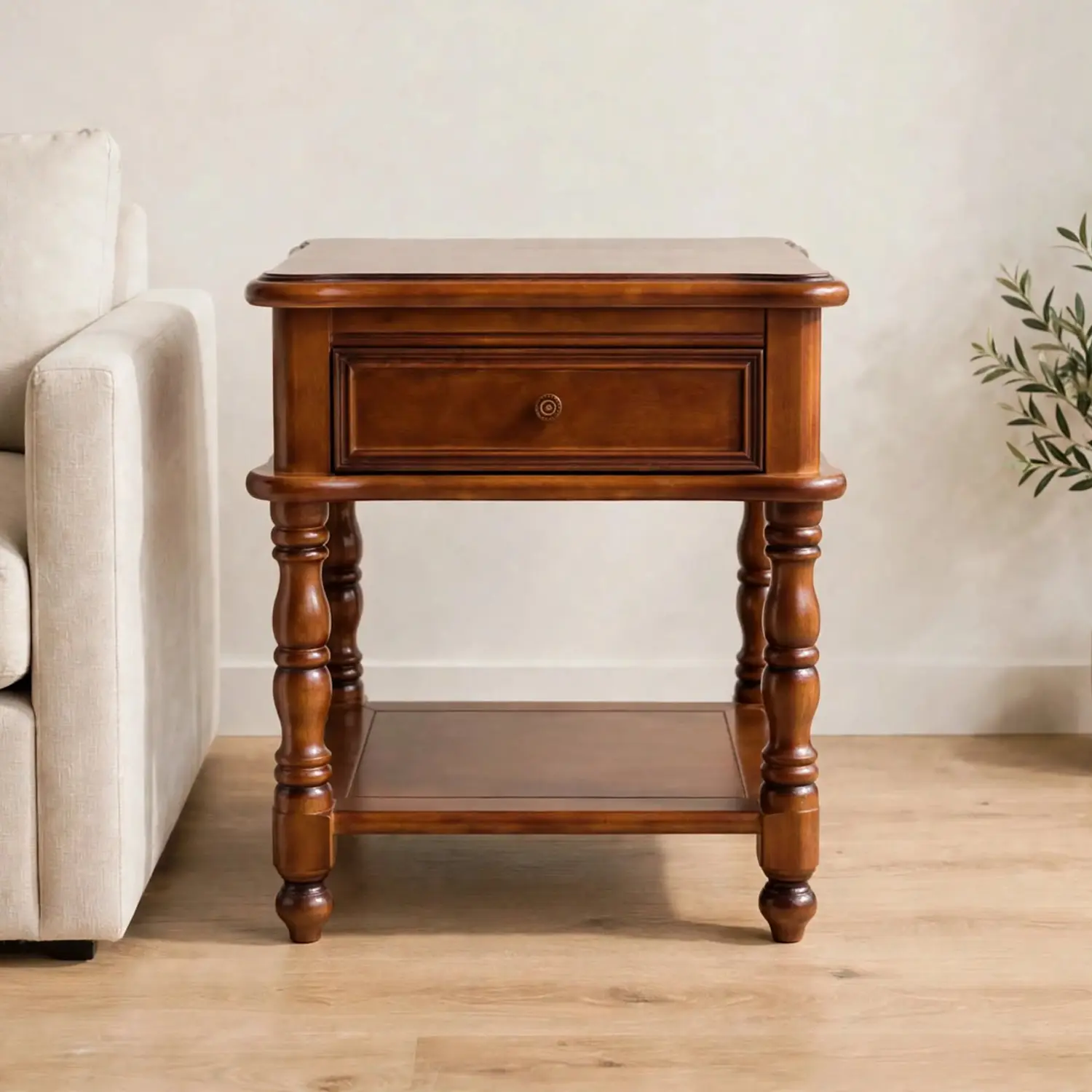 Mesa Lateral Madrid de Madera Clásica con Gaveta y Doble Estante 5
