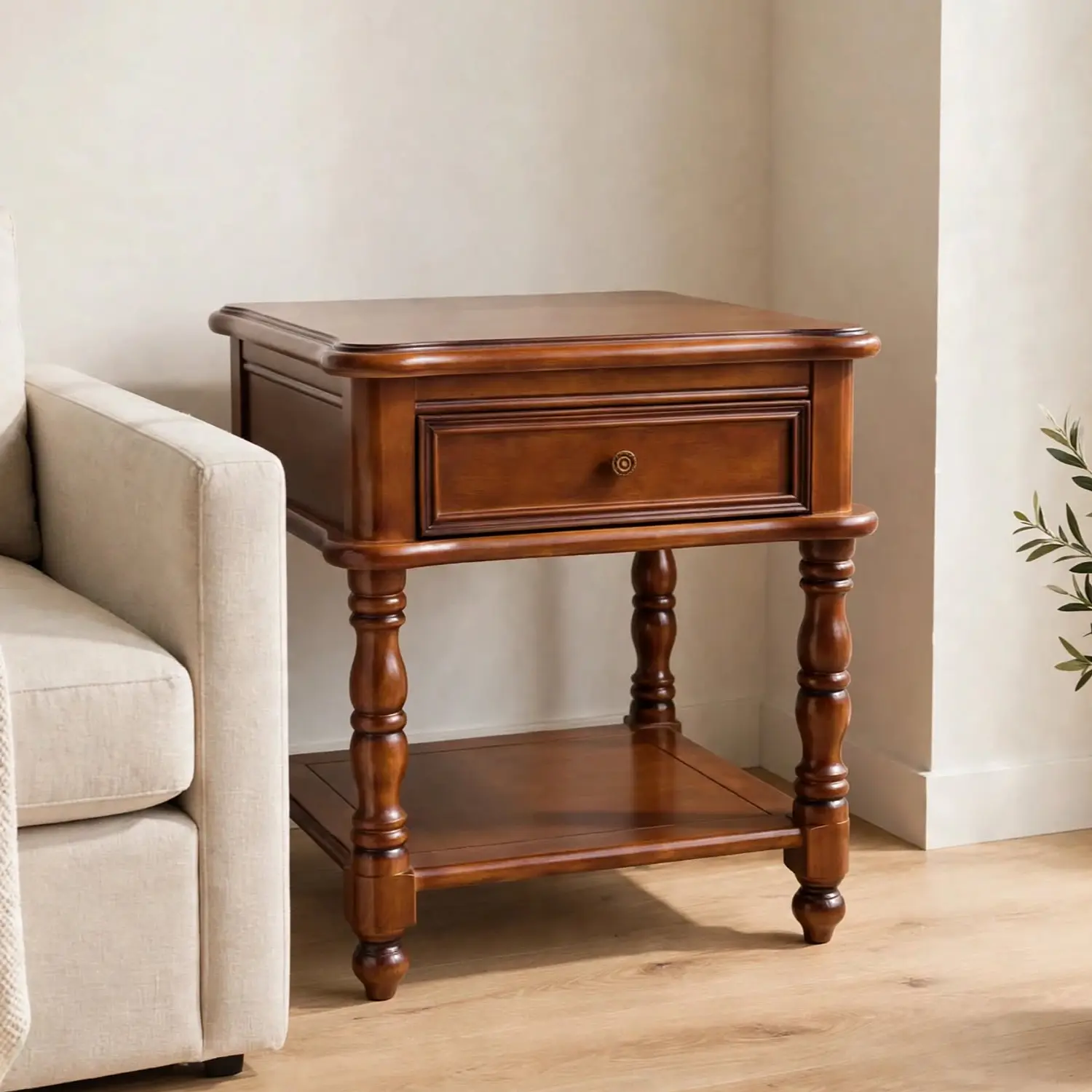 Mesa Lateral Madrid de Madera Clásica con Gaveta y Doble Estante 1