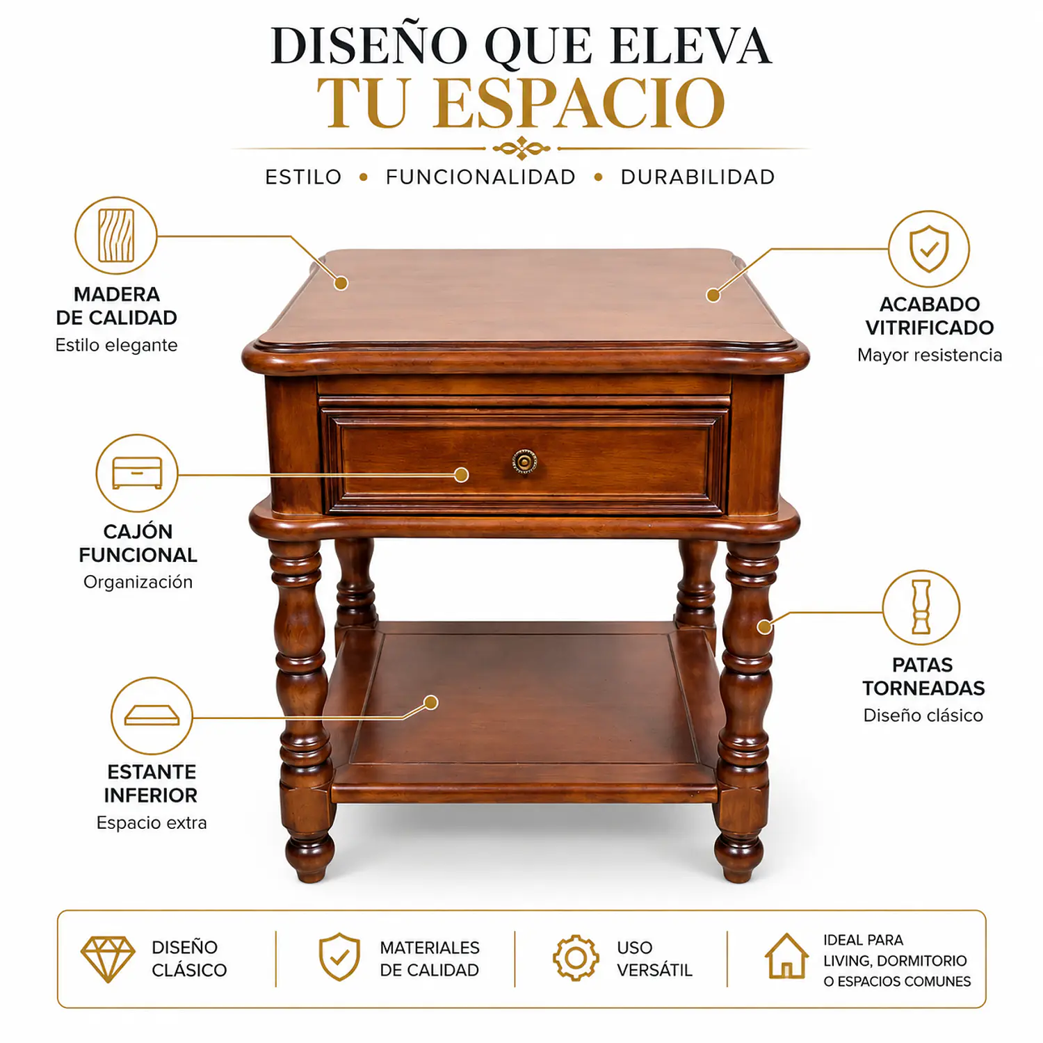 Mesa Lateral Madrid de Madera Clásica con Gaveta y Doble Estante 2