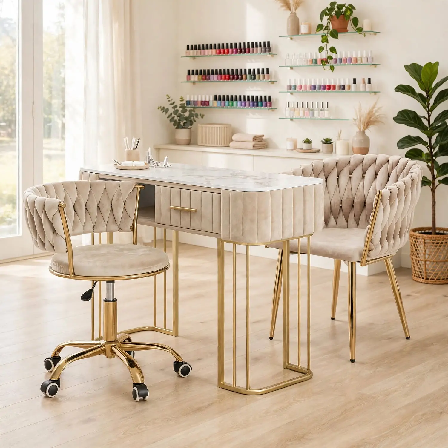 Set Manicura Profesional Mesa, Poltrona y Silla con Ruedas de Felpa 6
