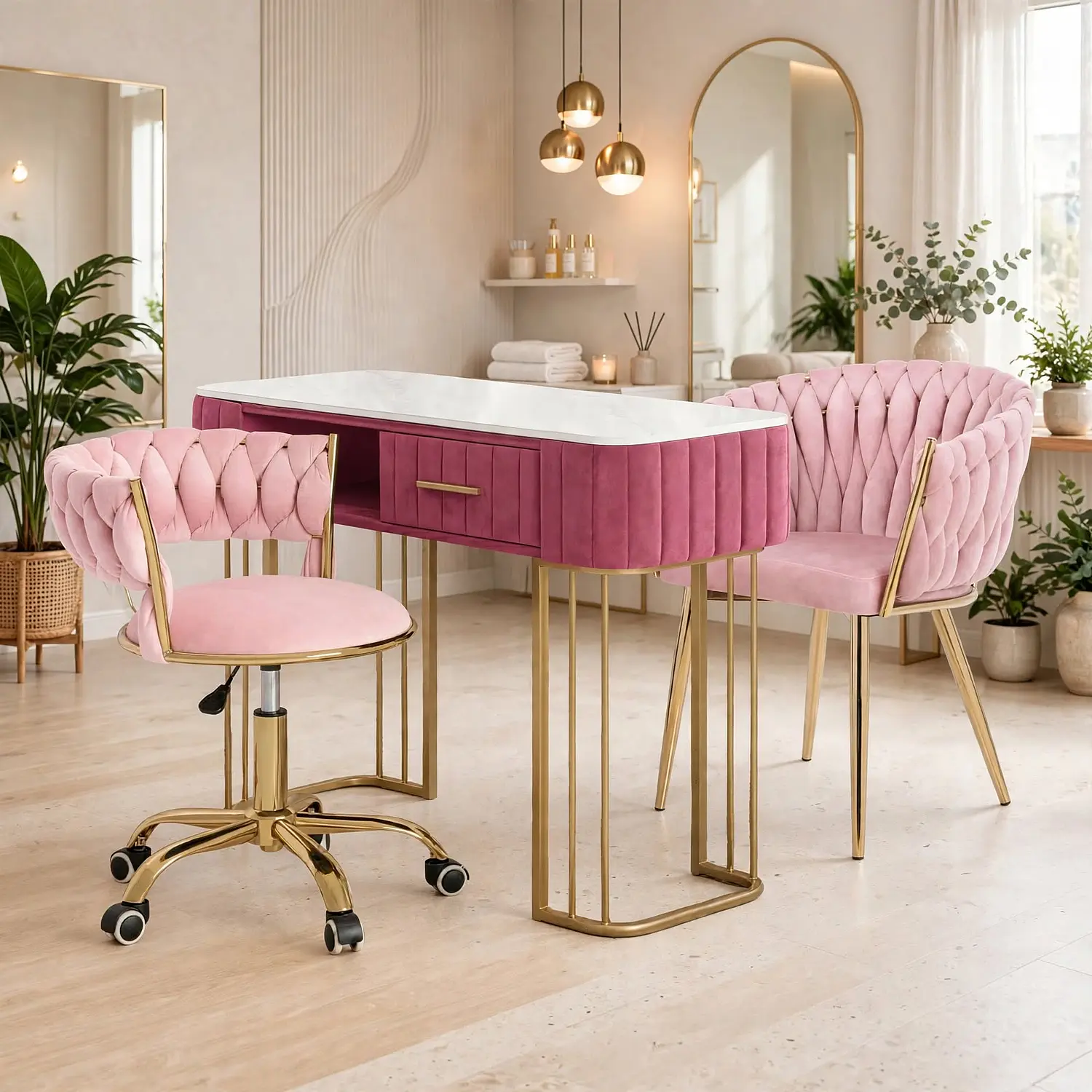 Set Manicura Profesional Mesa, Poltrona y Silla con Ruedas de Felpa 12