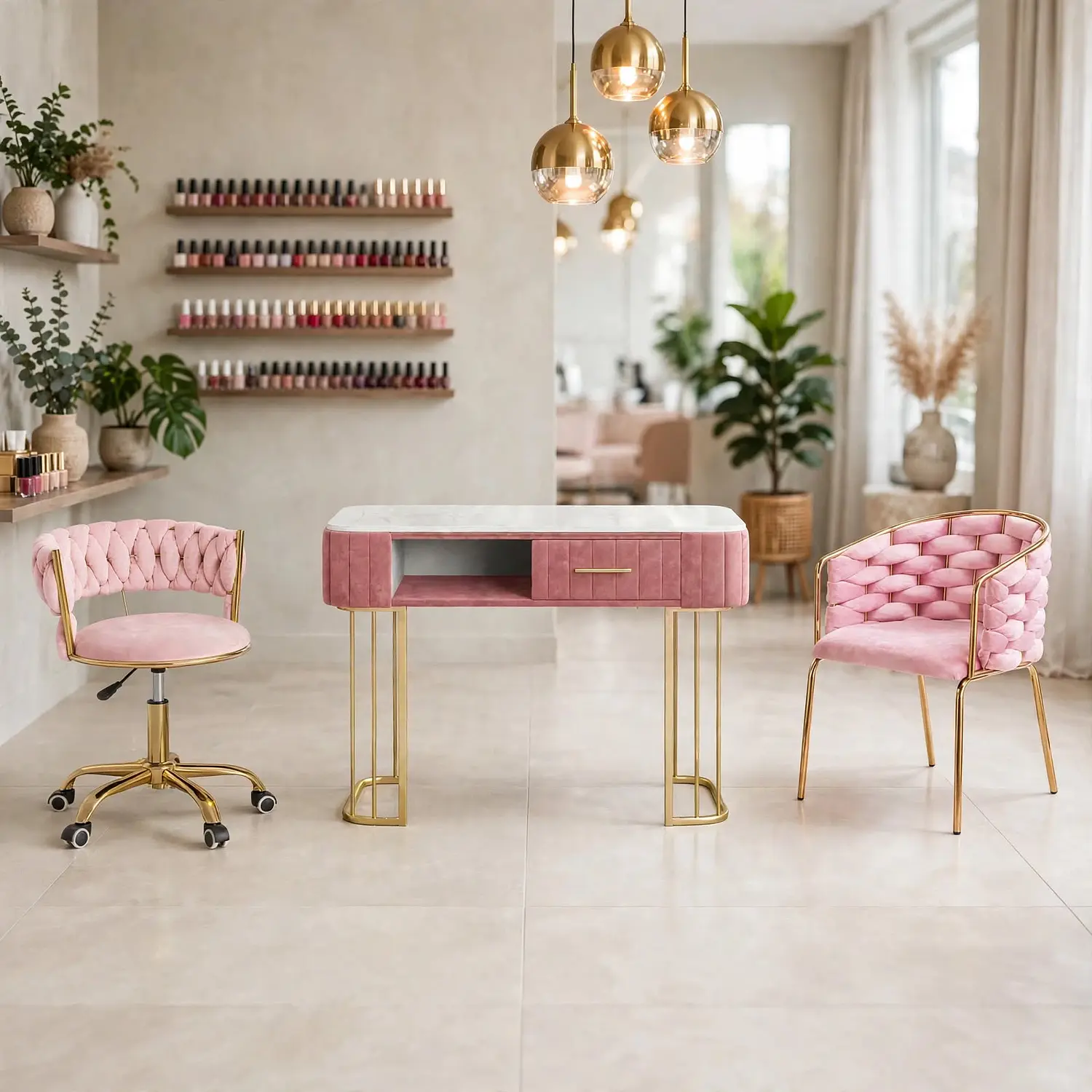 Set de Manicura Profesional Milán con Mesa y 2 Sillas en Felpa  1