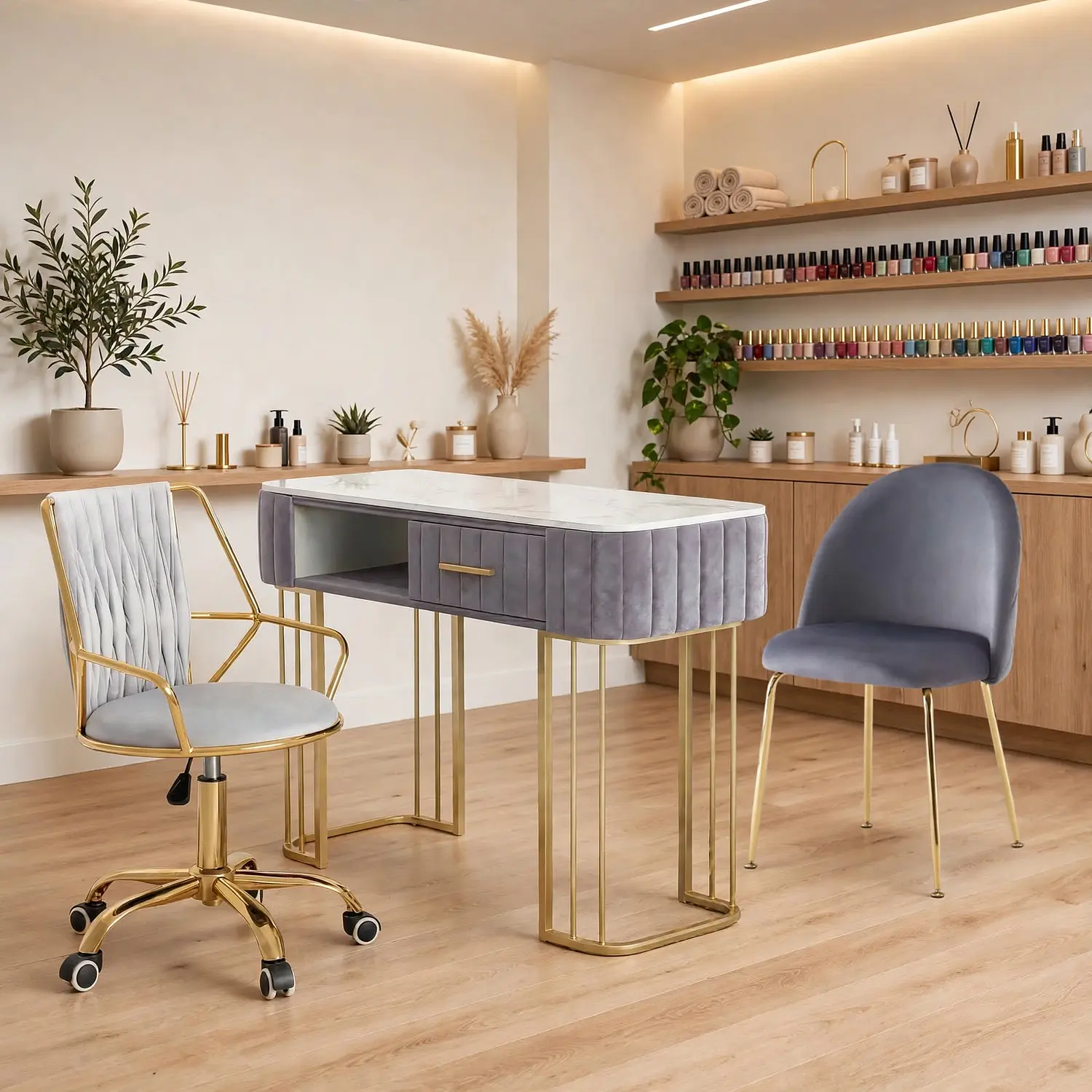 Mesa de Manicure Profesional con 2 Sillas de Felpa Gris para Salón de Belleza 1