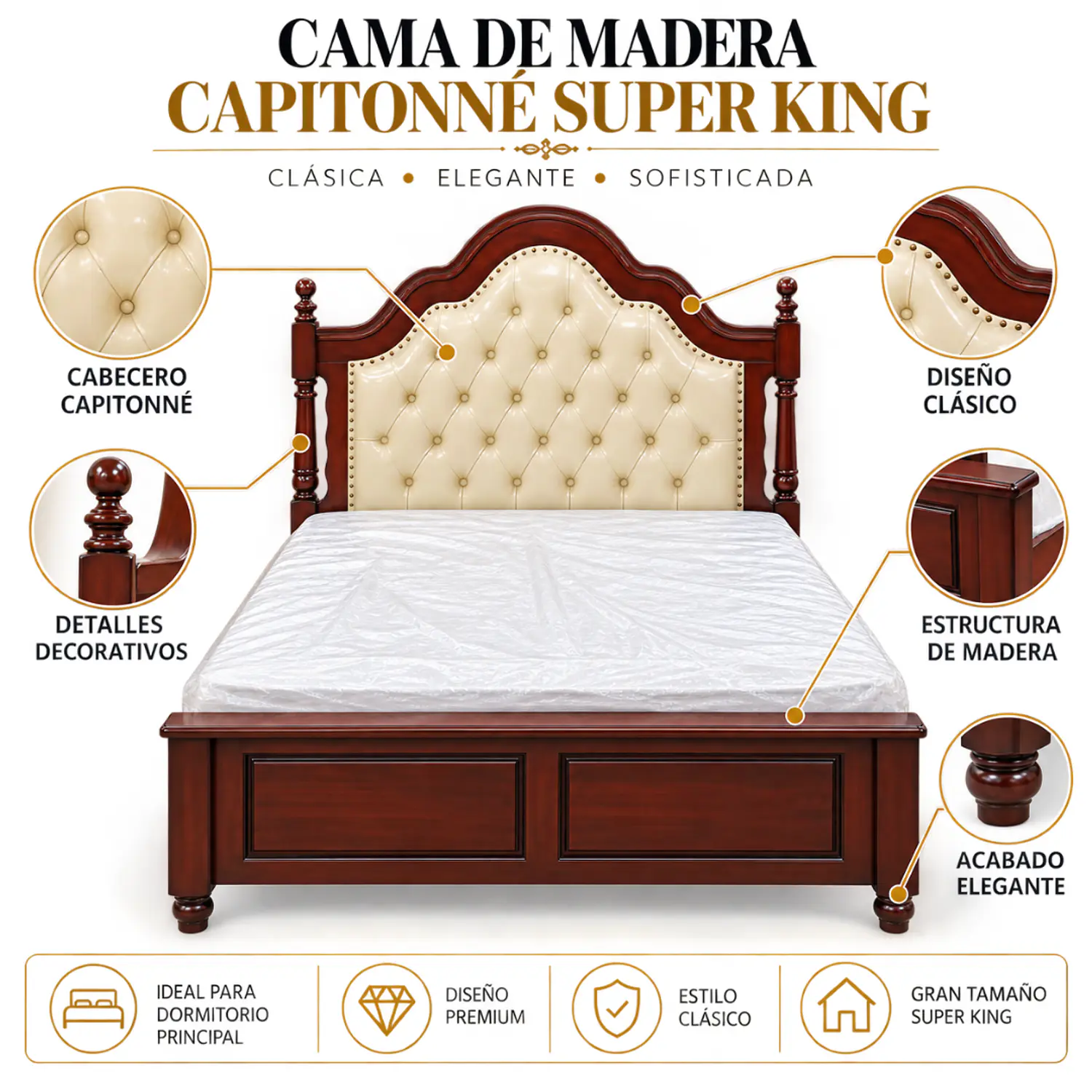 Cama de Madera Capitonné Clásica Elegante Canterbury 2