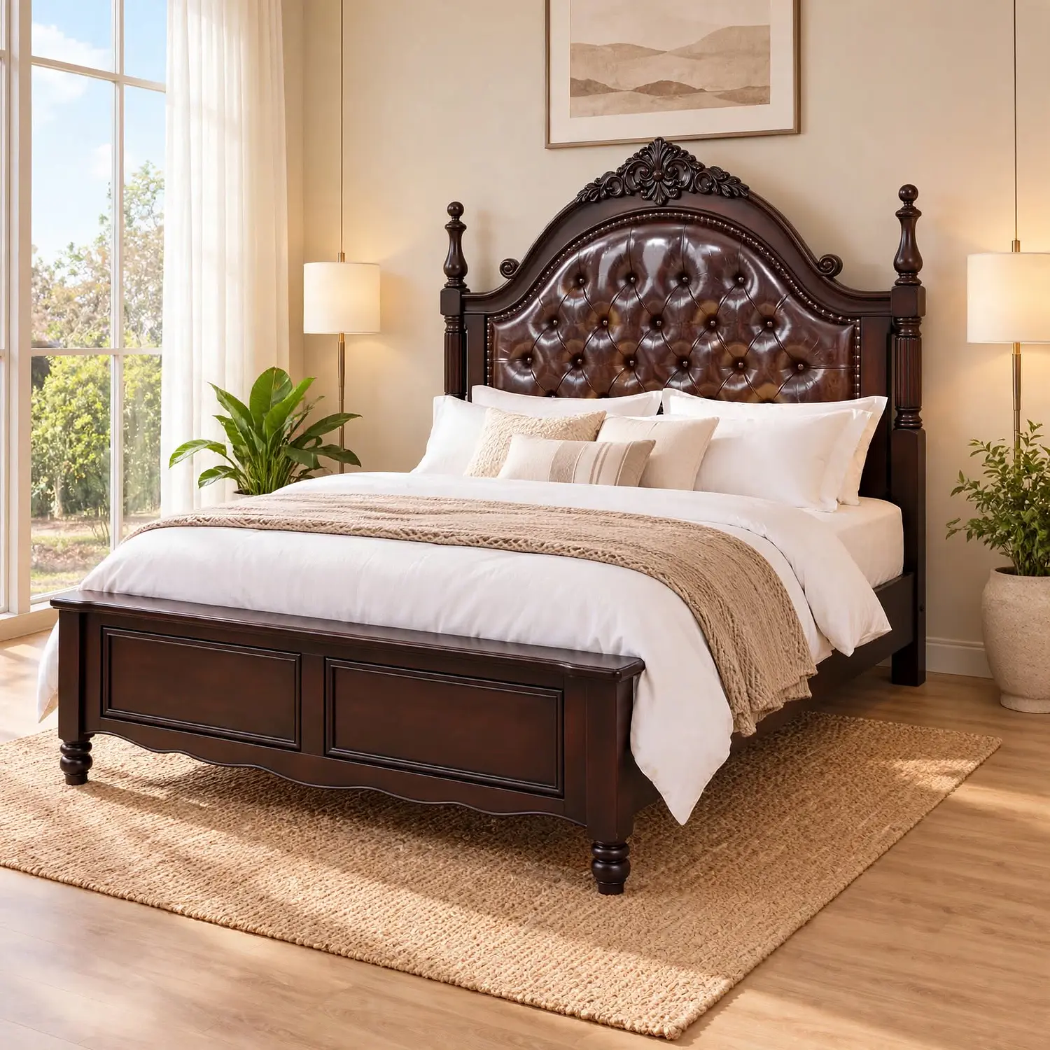 Cama King Gales Café Capitoneada de Madera Clásica Ecocuero Gales 1