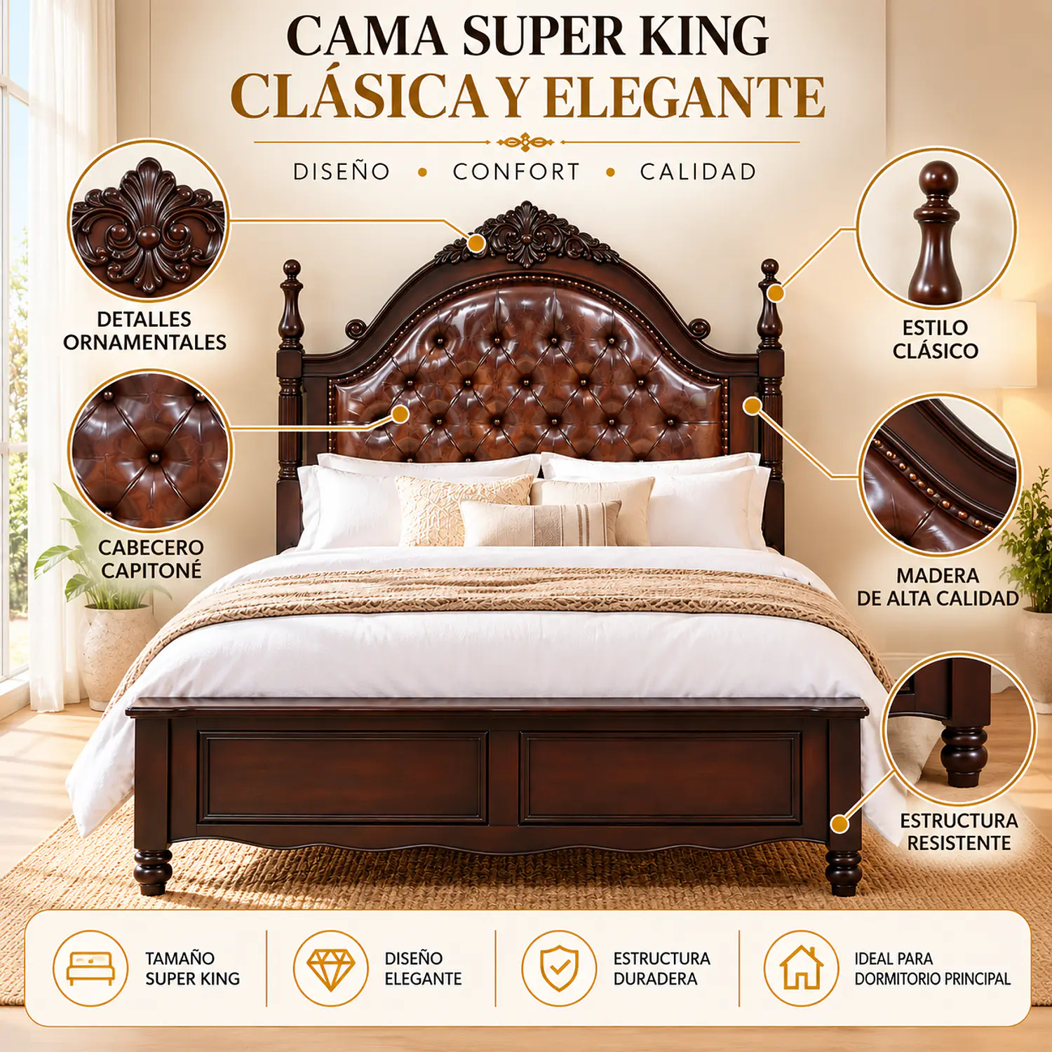 Cama King Gales Café Capitoneada de Madera Clásica Ecocuero Gales 3