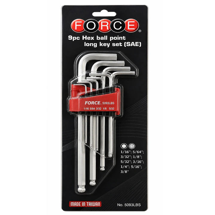 Juego de Llaves Allen Punta Bola Largas FORCE 5093LBS – 9 Piezas 1/16
