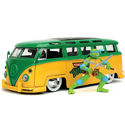 Autobús Volkswagen 1962 amarillo y verde con estatuilla diecast de Leonardo