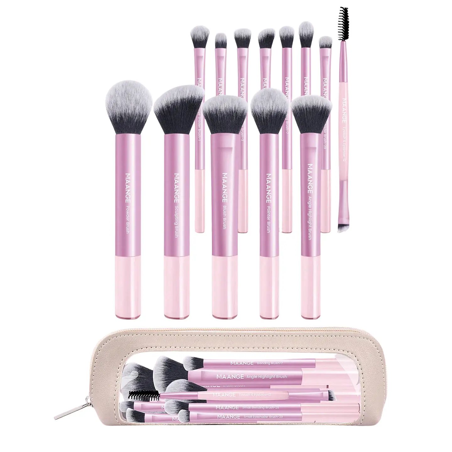 Set de 13 Brochas de Maquillaje Rosadas + Estuche de Almacenamiento - Maange 1