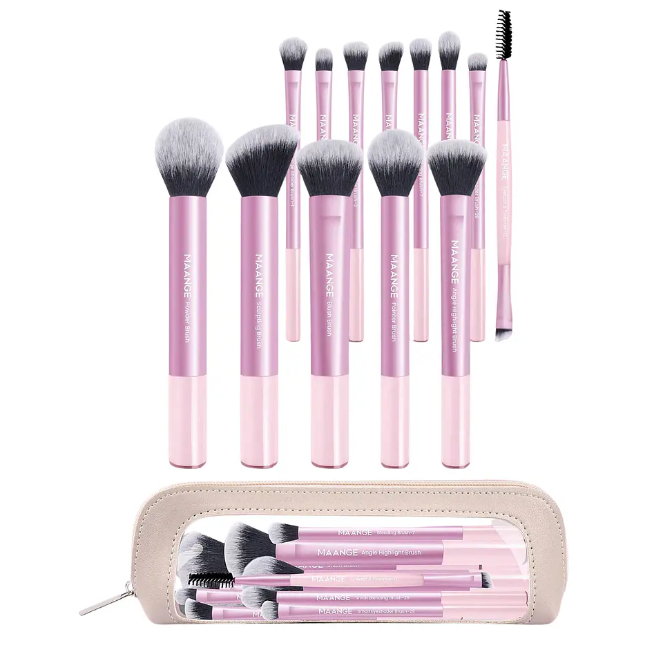 Set de 13 Brochas de Maquillaje Rosadas + Estuche de Almacenamiento - Maange 1