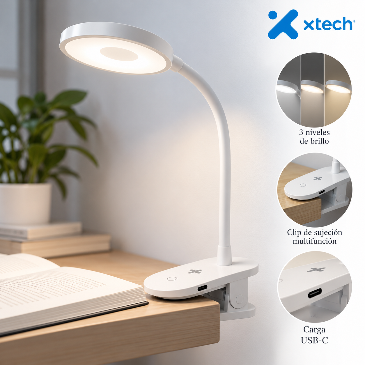 Lámpara LED Xtech XTA-703 Recargable con Clip, 3 Niveles de Brillo y USB-C