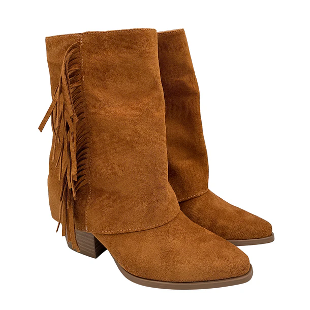 Botin alto para mujer flecos tapada Camel 2