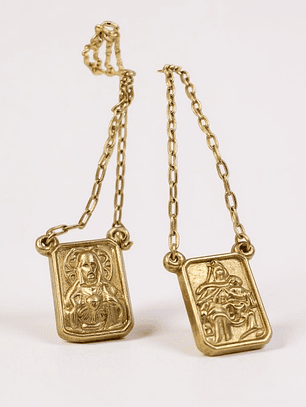 Escapulario de Ouro Amarelo com Imagem Nossa Senhora e Sagrado Coração