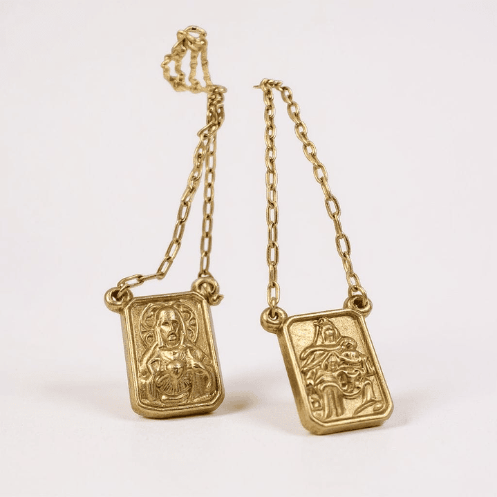 Escapulario de Ouro Amarelo com Imagem Nossa Senhora e Sagrado Coração 1