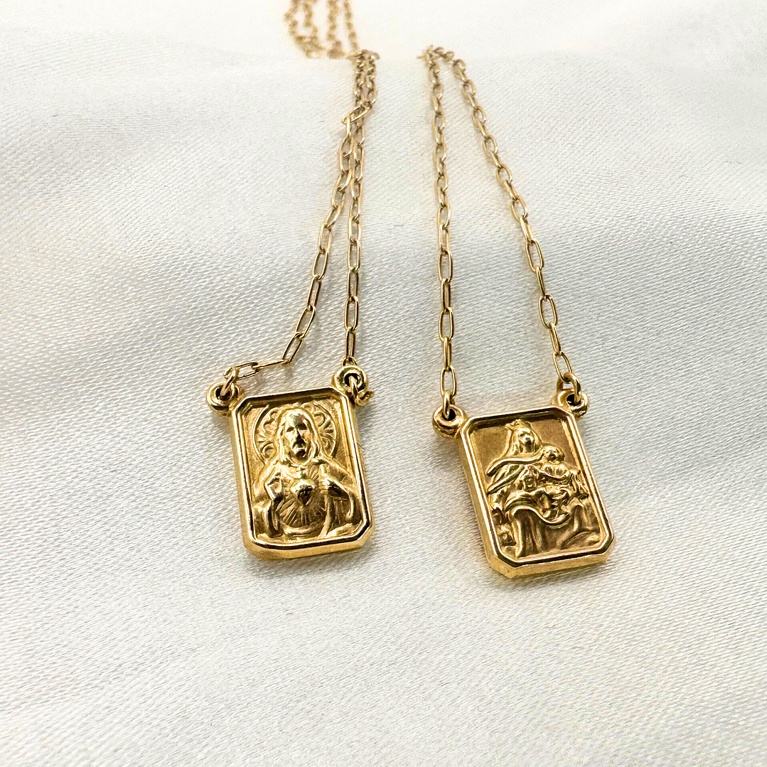 Escapulario de Ouro Amarelo com Imagem Nossa Senhora e Sagrado Coração 3