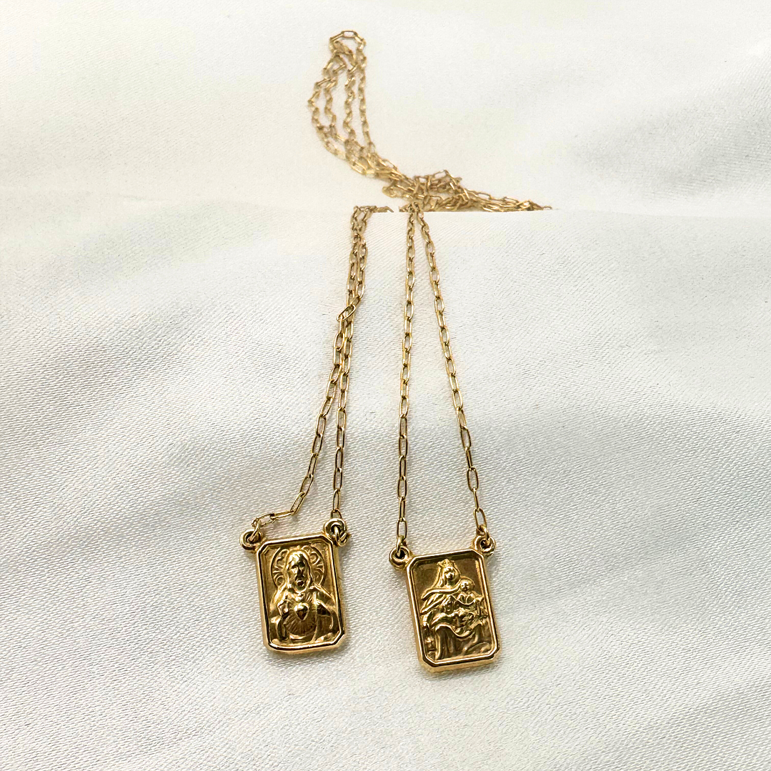 Escapulario de Ouro Amarelo com Imagem Nossa Senhora e Sagrado Coração 4