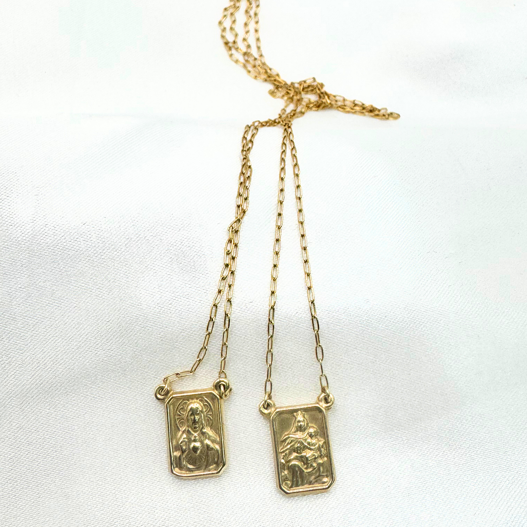 Escapulario de Ouro Amarelo com Imagem Nossa Senhora e Sagrado Coração 5