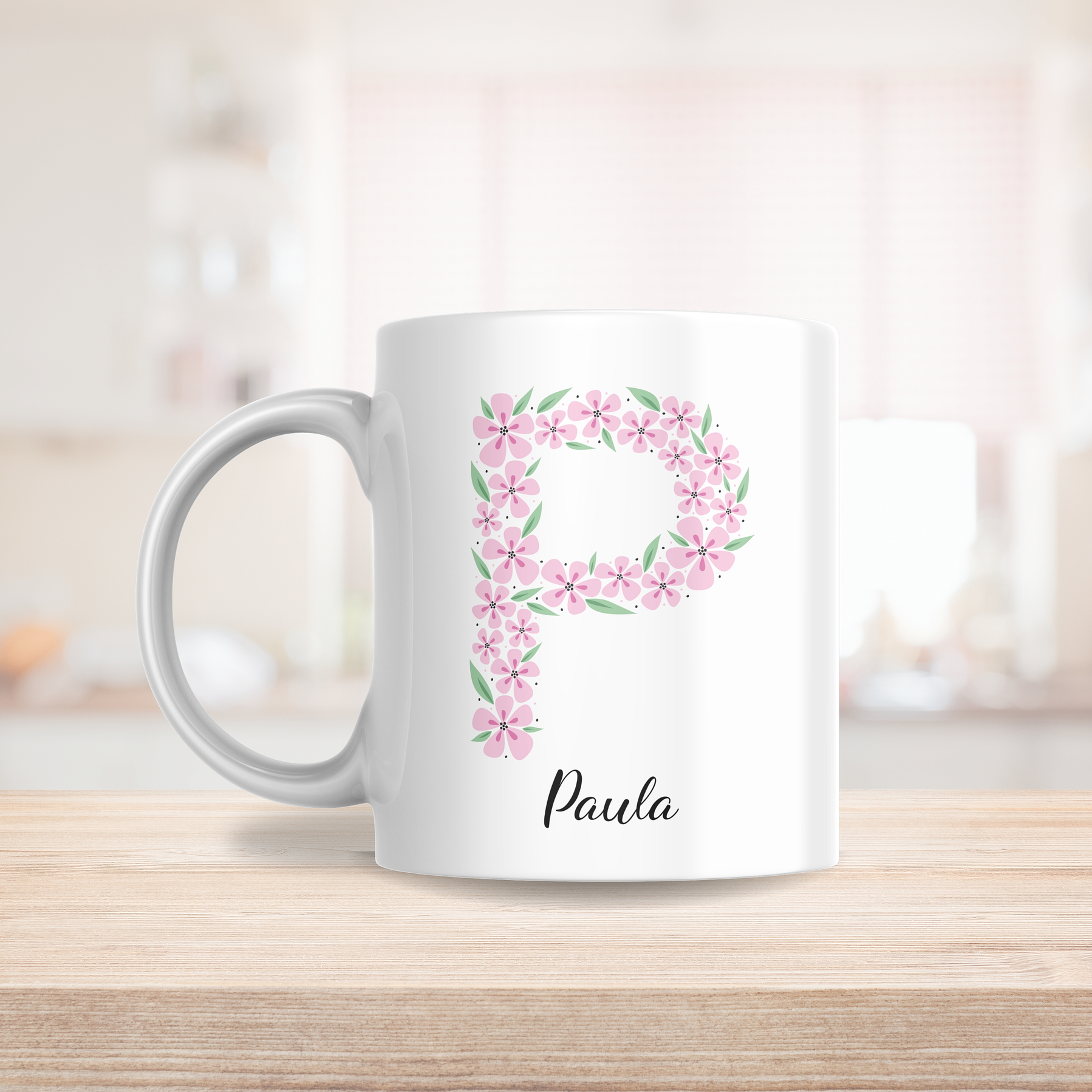 Taza inicial flores rosadas + nombre 2