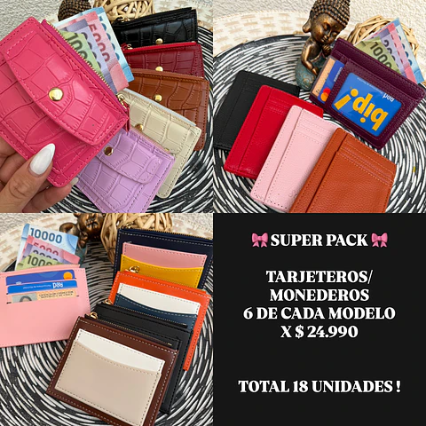 TARJETEROS y MONEDEROS PACK 18 UNIDADES COLORES SURTIDOS