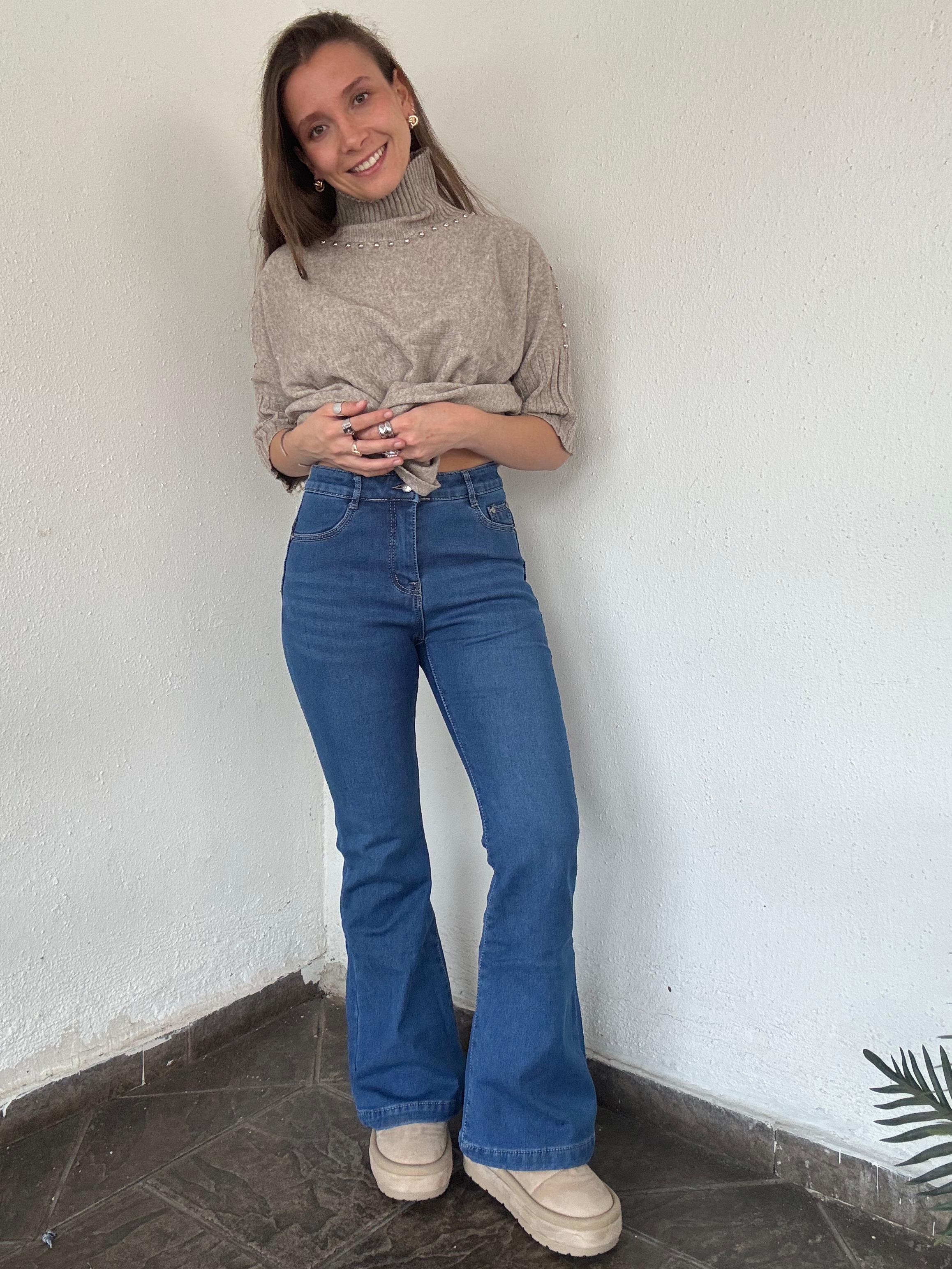 Pantalón Polar Con Chiporro Palazzo Mujer Elasticada Térmica Negro Jeans