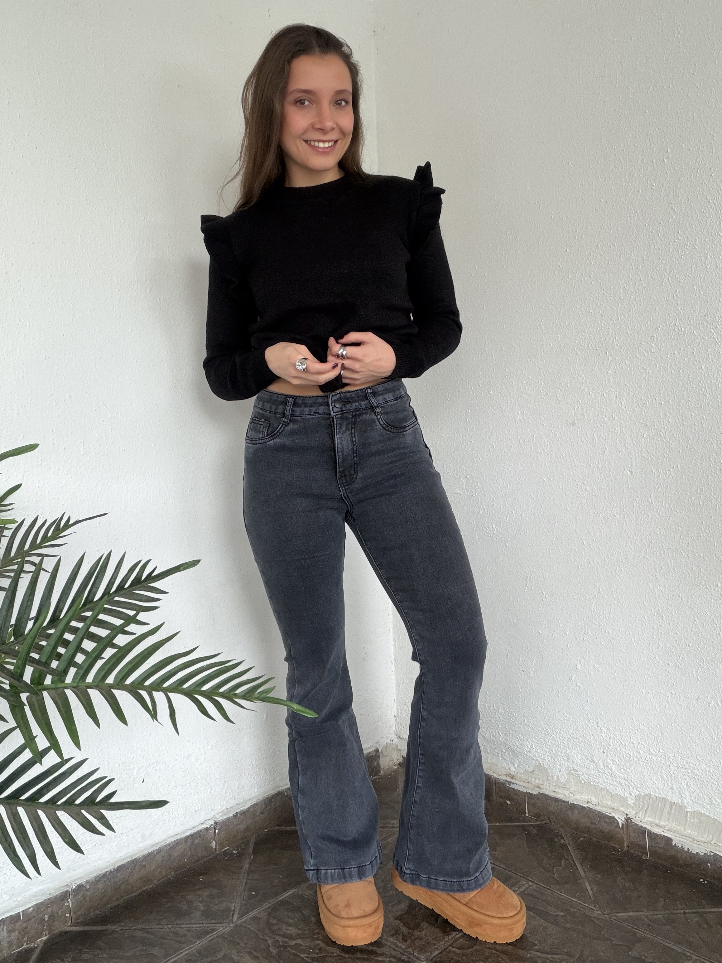 Pantalón Polar Con Chiporro Palazzo Mujer Elasticada Térmica Negro Jeans
